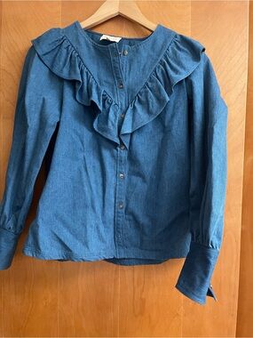 Sezane Denim Ruffle Front Button-Up Blouse - Blue